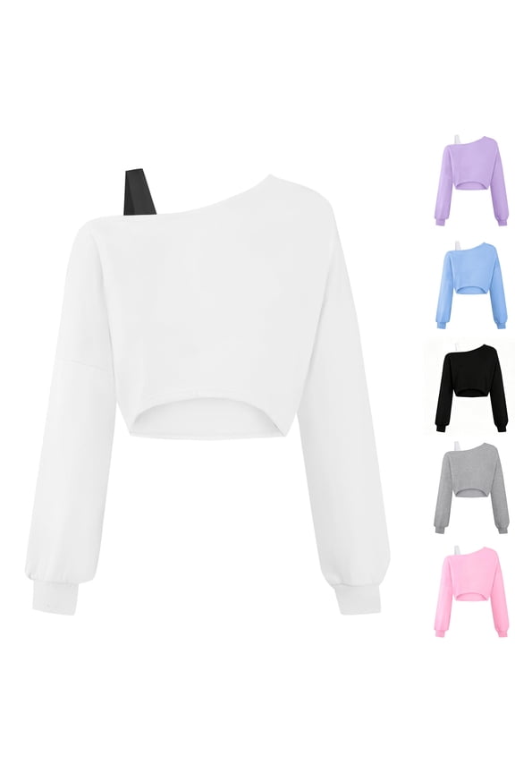 Girls Off Shoulder Crop Sweatshirt, Black Long Sleeve Asymmetrical Pullover, Kids Casual Cropped Sweater Top, Trendy Loose Fit Off-Shoulder Shirt for Girls(White/10Y)