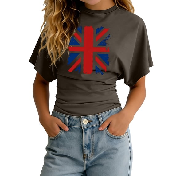 Y-Sunset Girls' UK Flag Cinched Waist T-Shirt, Round Neck Short Sleeve Printed Tee, Casual Breathable Top for Kids & Teens(Dark Gray/9-10Years)