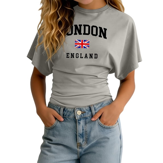 Y-Sunset Girls' UK Flag Cinched Waist T-Shirt, Round Neck Short Sleeve Printed Tee, Casual Breathable Top for Kids & Teens(Grey/11-12Years)