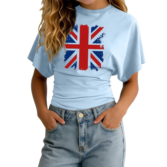 Y-Sunset Girls' UK Flag Cinched Waist T-Shirt, Round Neck Short Sleeve Printed Tee, Casual Breathable Top for Kids & Teens(Light Blue/11-12Years)