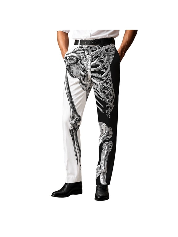 Halloween Dressy Pants for Men, Pumpkin Skeleton Ghost Print Bottoms, Slim Fit Stright-Leg Funny Cosplay Pants for Halloween