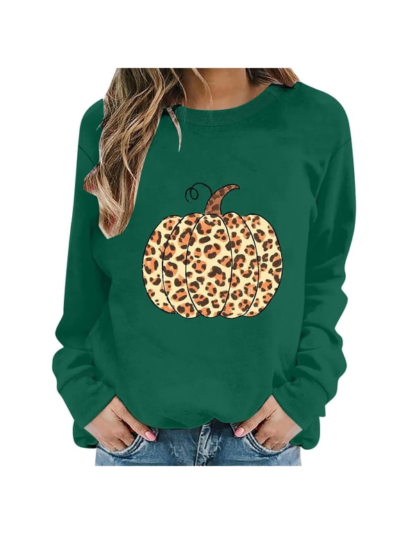 Halloween Sweatshirts for Women Y-Sunset Crewneck Loose Long Sleeve Shirts for Holiday Cute Pumpkin Print Fall Clothes,S,Army Green