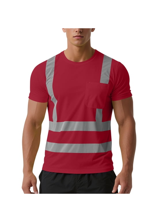 High Visibility Shirts for Men Class 3 Hi Vis Reflective Safety Construction Shirts for Men Women, Short Sleeve Work Shirts with Pocket,M,Red