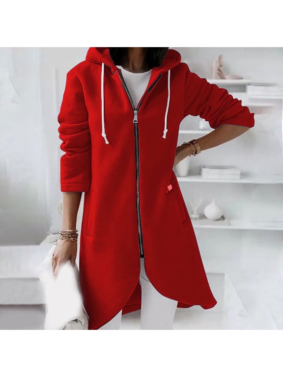 Hoodies for Women Women's Solid Color Zip up Hoodie, Long Irregular Hem Long Coat, Plus Size Winter Warm Sweatshirts Jackets Hoodies Outerwear with Pockets,L,Red