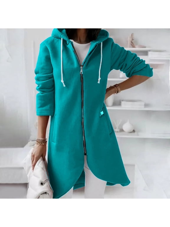 Hoodies for Women Women's Solid Color Zip up Hoodie, Long Irregular Hem Long Coat, Plus Size Winter Warm Sweatshirts Jackets Hoodies Outerwear with Pockets,3XL,Green