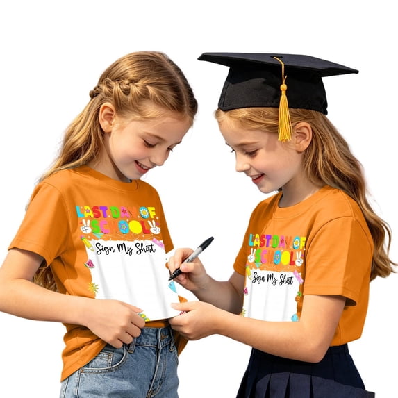 Y-Sunset Kids Last Day of School Autograph T-Shirt, Boys Girls Funny "Sign My Shirt" Graduation Short Sleeve Tee, Preschool Elementary School Graduation Memory Shirt(Orange/2-3 Years)