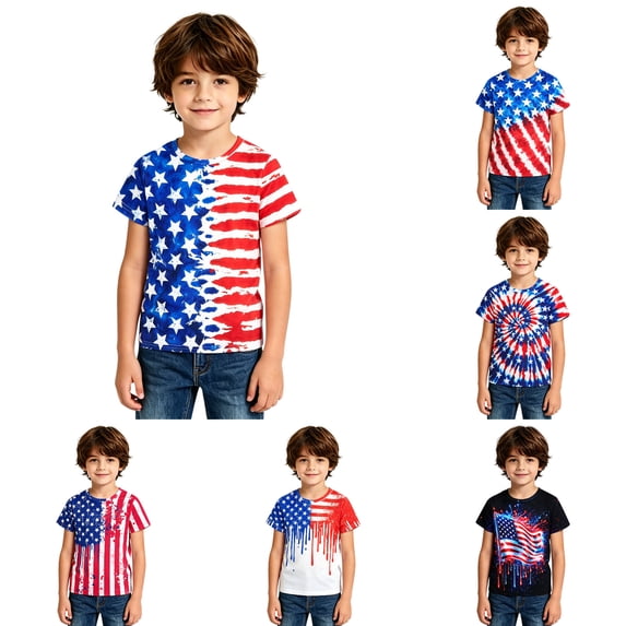 Y-Sunset Kids Patriotic American Flag Short Sleeve T-Shirt, Boys Girls 4th of July Tie Dye Star Stripes Tee, Casual Summer Patriotic Shirt for Ages 4-13(Multicolour/1-2 Years)