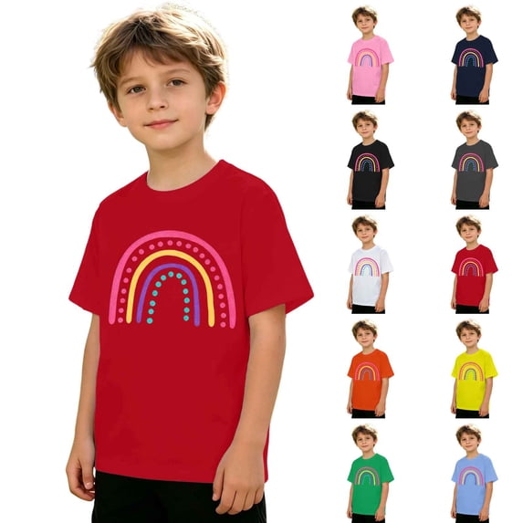 Y-Sunset Kids Rainbow Graphic T-Shirt, Boys Girls Short Sleeve Casual Tee, Soft Breathable Summer Top for Ages 1-14(Red/1-2 Years)