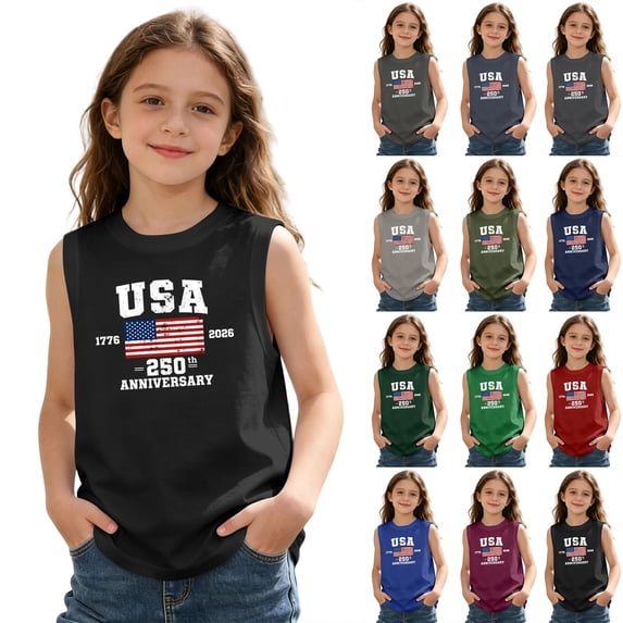 Y-Sunset Kids USA 250th Anniversary Sleeveless Tank Top, Boys Girls Patriotic Graphic Tee, 1776-2026 Independence Day Summer Tank Shirt for Ages 3-13(Black/3-4 Years)