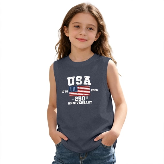 Y-Sunset Kids USA 250th Anniversary Sleeveless Tank Top, Boys Girls Patriotic Graphic Tee, 1776-2026 Independence Day Summer Tank Shirt for Ages 3-13(Blue3/10-11 Years)