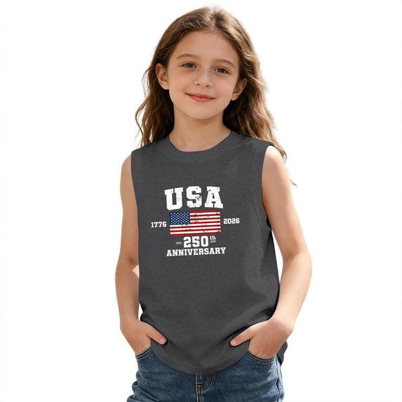 Y-Sunset Kids USA 250th Anniversary Sleeveless Tank Top, Boys Girls Patriotic Graphic Tee, 1776-2026 Independence Day Summer Tank Shirt for Ages 3-13(Dark Gray/12-13 Years)