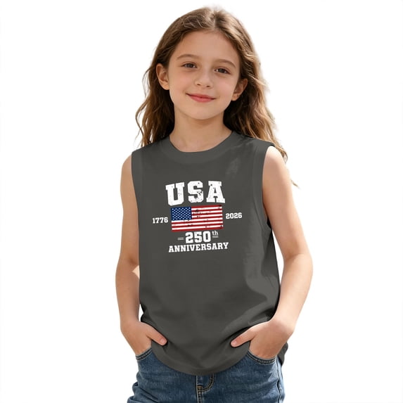 Y-Sunset Kids USA 250th Anniversary Sleeveless Tank Top, Boys Girls Patriotic Graphic Tee, 1776-2026 Independence Day Summer Tank Shirt for Ages 3-13(Grey/6-7 Years)