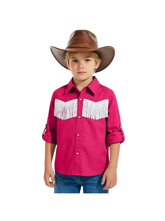 Kids Western Fringe Button Down Shirt, Boys Girls Cowboy Cowgirl Long Sleeve Blouse, Adjustable Rodeo Shirt for Ages 5-14(Hot Pink/7-8 Years)