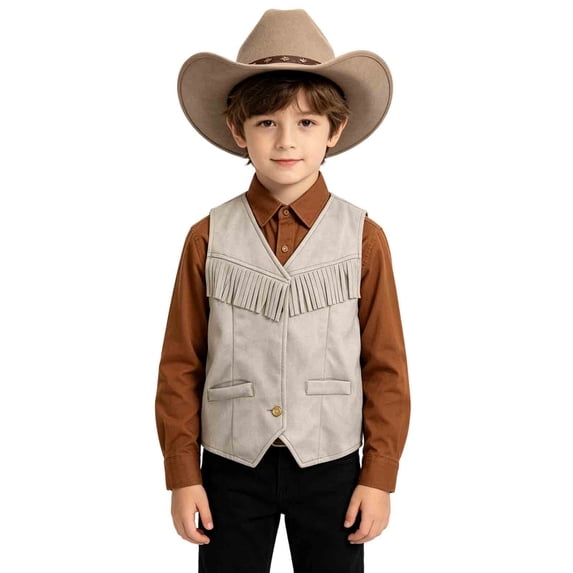 Y-Sunset Kids Western Fringe Vest, Boys Girls Sleeveless Cowboy Cowgirl Tassel Vest, Boho 70s Hippie Style Open Front Vest for Dress Up Party(White/11-12 Years)
