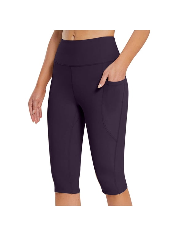 Legging Capris for Women High Waist Stretchy Yoga Workout Capri Pants with Pockets Running Gym Athletic Tight Cropped Pants,L,Purple