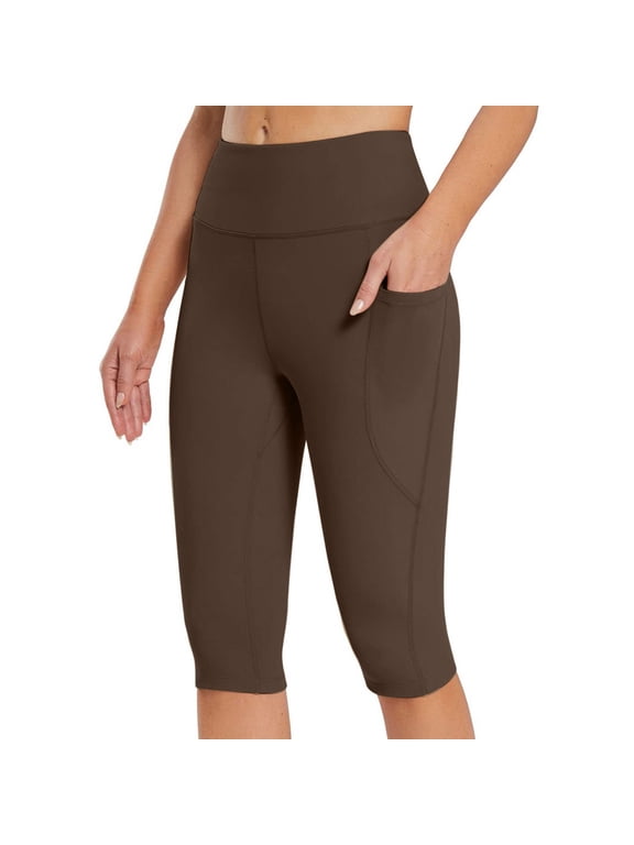Legging Capris for Women High Waist Stretchy Yoga Workout Capri Pants with Pockets Running Gym Athletic Tight Cropped Pants,XL,Coffee