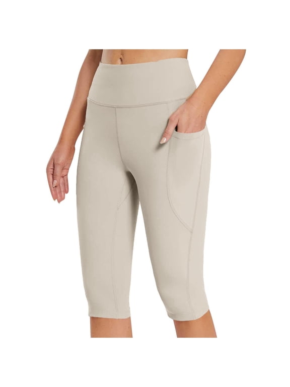 Legging Capris for Women High Waist Stretchy Yoga Workout Capri Pants with Pockets Running Gym Athletic Tight Cropped Pants,XL,Khaki