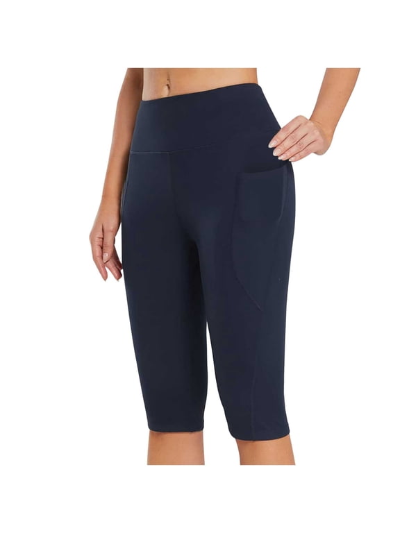 Legging Capris for Women High Waist Stretchy Yoga Workout Capri Pants with Pockets Running Gym Athletic Tight Cropped Pants,XL,Navy