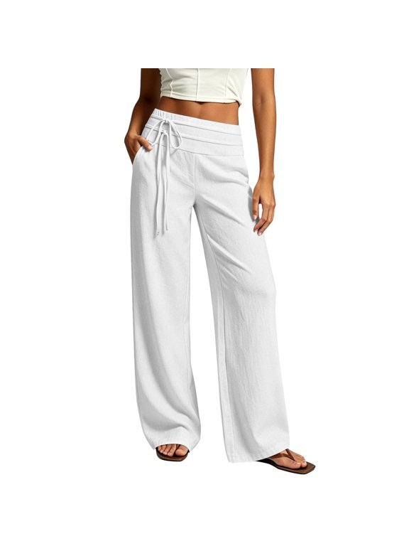 Linen Pants for Women Wide Leg Drawstring Barrel Palazzo Casual Summer Beach Vacation Boho Baggy Breathable Trousers (White/XXL)