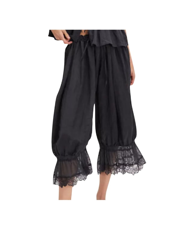 Long Bloomer Pants for Women Mid Rise Soft Pajama Pants Lace Lounge Pettipants Ruffle Cute Pj Bottoms Boho Beach Clothes,S,Black