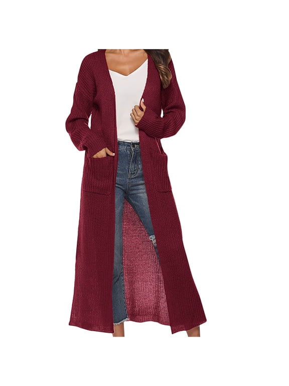 Long Cardigan Sweaters for Women,Solid Color Cardigan Sweater with Slit Large Pockets Long Thin Coat,XL,Red