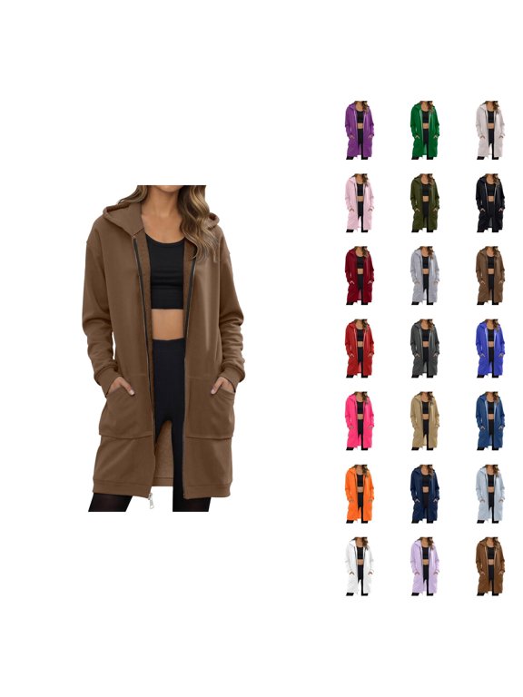 Long Hoodies for Women Full Zipper Plain Hoodie Dress with Pockets Cardigan Hooded Sweatshirt Women Jacket Coat,3XL,Brown