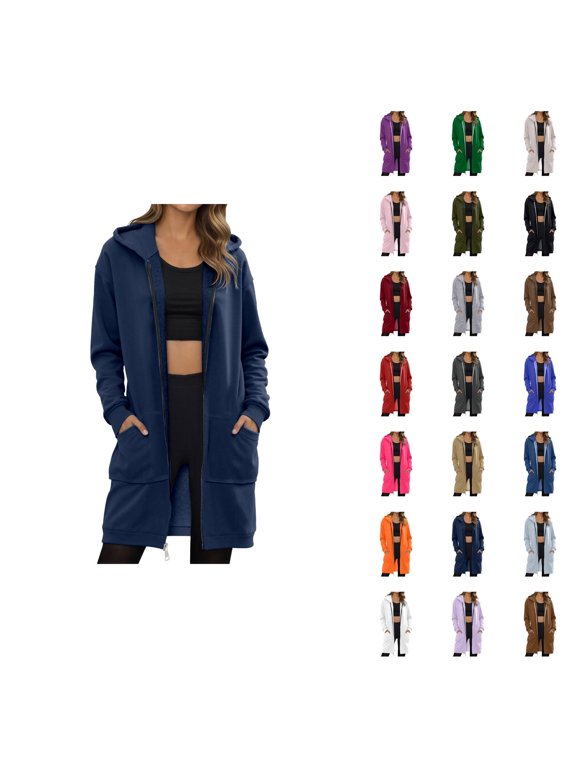 Long Hoodies for Women Full Zipper Plain Hoodie Dress with Pockets Cardigan Hooded Sweatshirt Women Jacket Coat,5XL,Navy