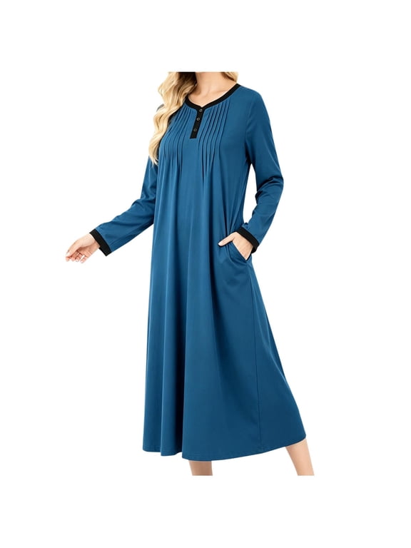 Long Nightgown for Women Soft Long Sleeve Sleep Dress with Pockets Solid Ladies Sleepwear,S,a_Navy