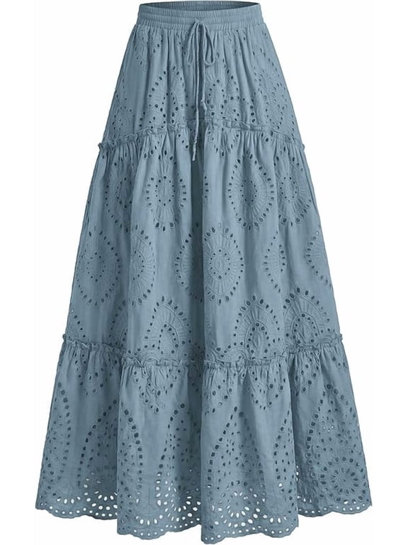 Long Skirts for Women Summer Boho Lace Embroidery High Waist Flowy Tiered Spring Maxi Skirt Beach Vacation,XL,Blue Grey