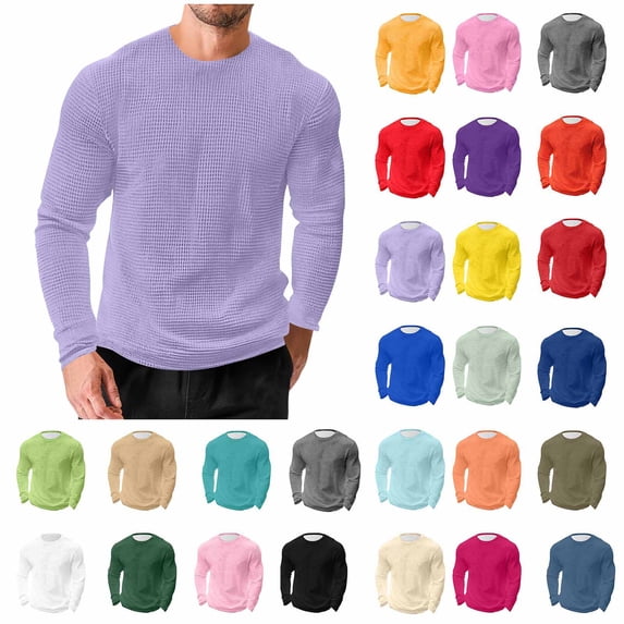 Y-Sunset Men's Waffle Long Sleeve Shirts Big and Tall Solid Crew Neck Thermal Underwear Tops Casual Pullover Sweaters Knit Undershirts,XXL,Blue1