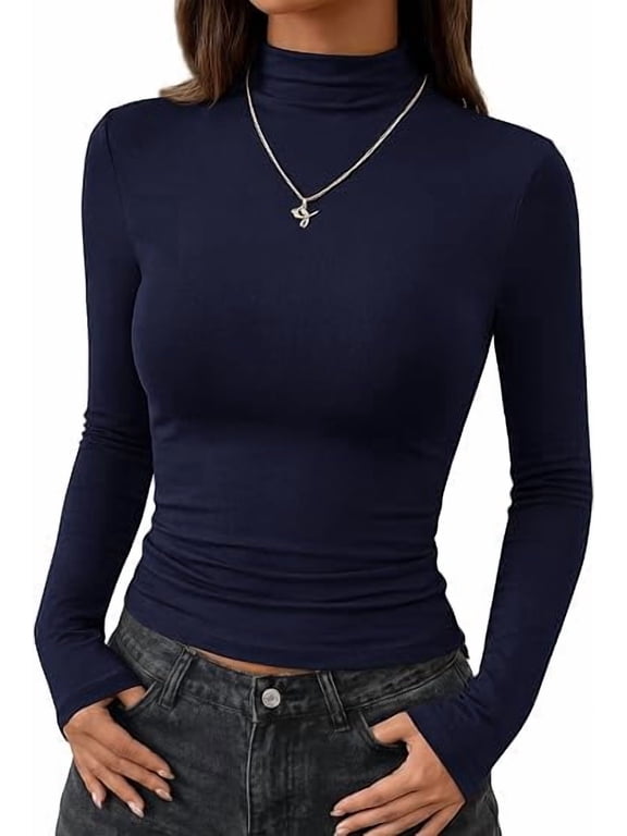 Tops for Women Fitted Long Sleeve Shirts Fall Fashion Clothing Thermal Layering Undershirts Going Out Outfits,XL,Navy Blue