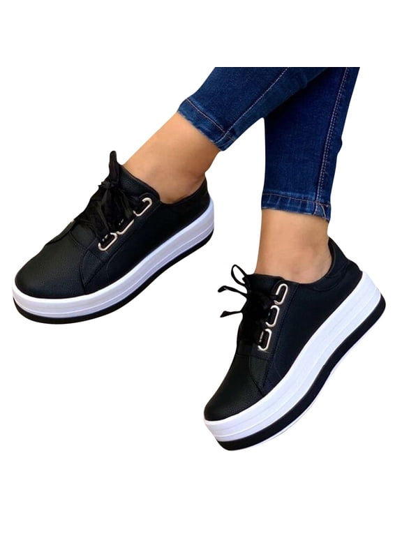 Platform Sneakers for Women Fashion Round Toe Thick Heels Walking Running Shoes Women Plus Size Lace-up Casual Lightweight Spring and Fall Sneakers,Black,5.5