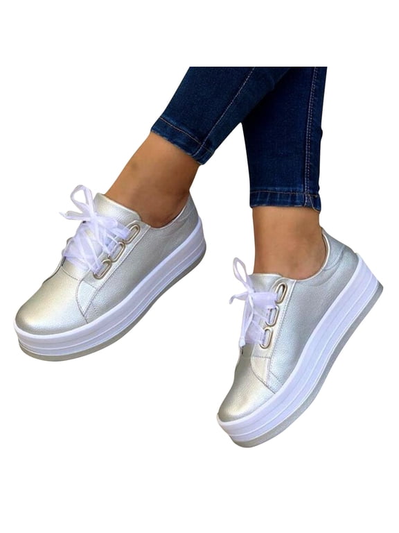 Platform Sneakers for Women Fashion Round Toe Thick Heels Walking Running Shoes Women Plus Size Lace-up Casual Lightweight Spring and Fall Sneakers,Silver,5.5