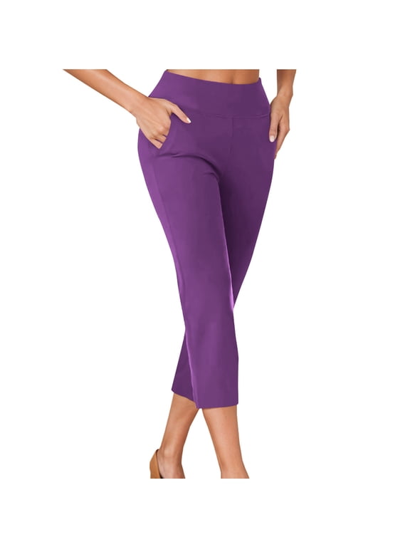 Pull on Capri Pants for Women with Pockets Elastic Waist Cropped Work Pants Business Office Trousers for Yoga Workout,M,Purple