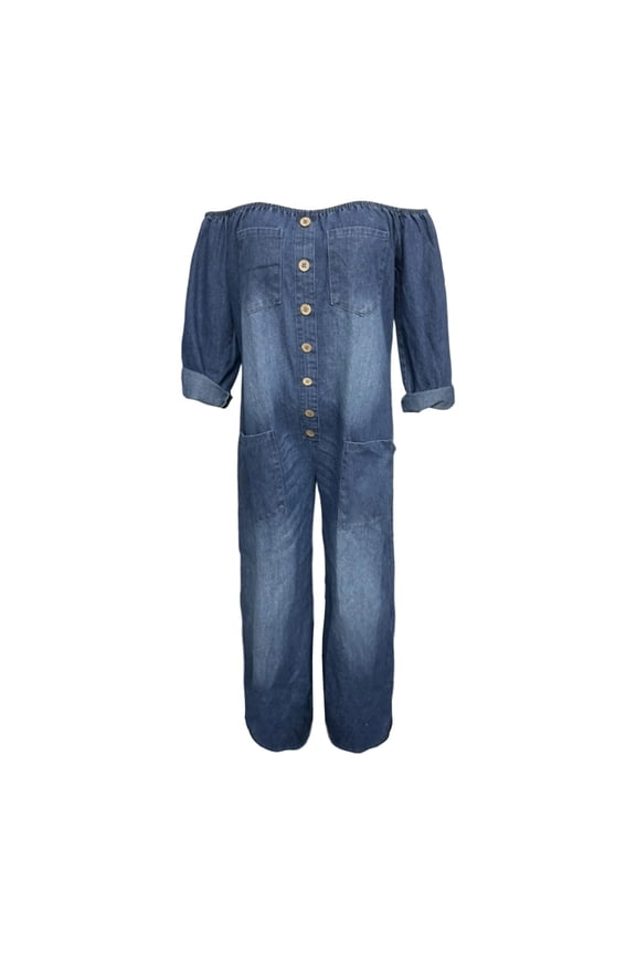 Off Shoulder Denim Jumpsuit for Women, 3/4 Sleeve Button Front Wide Leg Romper with Pockets, Casual Loose Fit Chambray One-Piece for Daily Wear(Blue/S)