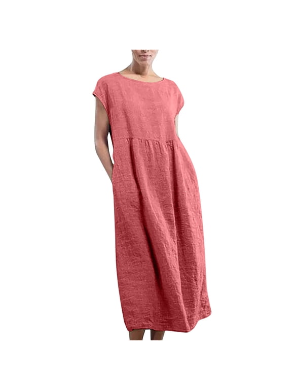 Summer Dress for Women Solid Sleeveless Cotton Linen Dress, Casual Loose Baggy Kaftan Long Dress with Pocket, Hawaiian Beach Dress ,4XL,Red