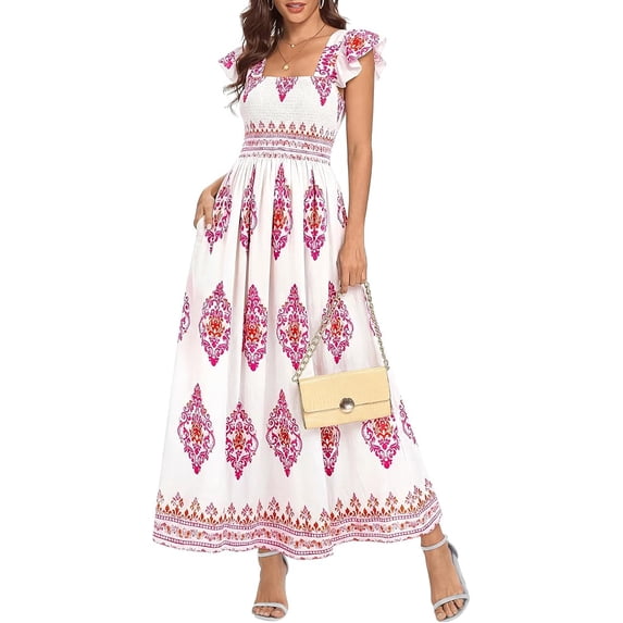 White Roses Sunset Y-Sunset Summer Dresses for Women Casual Floral Boho Sleeveless Square ...