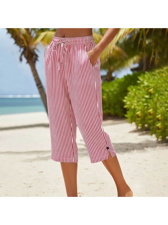 Summer Pants of Woman Women's Linen Loose Pants Button Elastic Waist Casual Straight Tube Pants Capris,M,Red