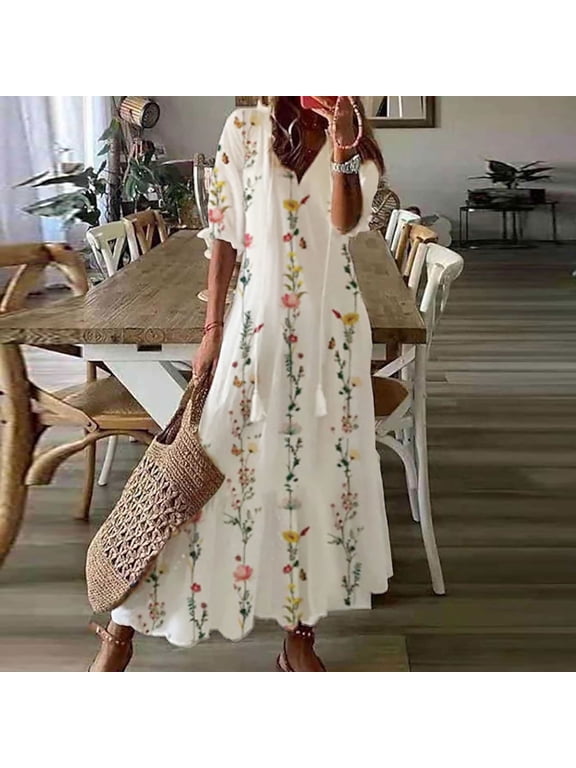 Sun Dresses for Women Plus Size Fashion Casual Spring And Summer V-neck Three-quarter Sleeve Printed Dress Beach Flowy Long Dress,Multi,Multicolor