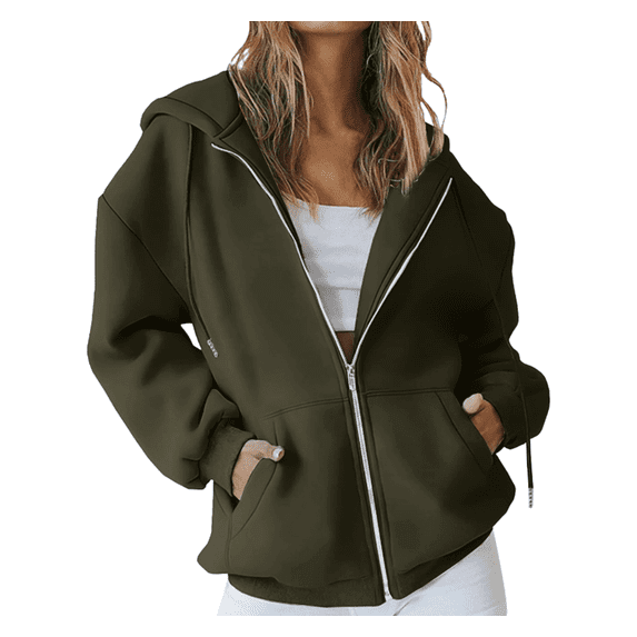 Y-Sunset Sweatshirt Jackets for Women Full Zip up Hoodies Long Sleeve Hooded Coat with Pockets,2XL,Army Green