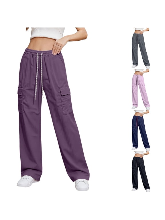 Wide Leg Cargo Pants for Women Straight Leg Elastic Waist Pants Athletic Outdoor Juniors Trousers with Pockets,L,Gray