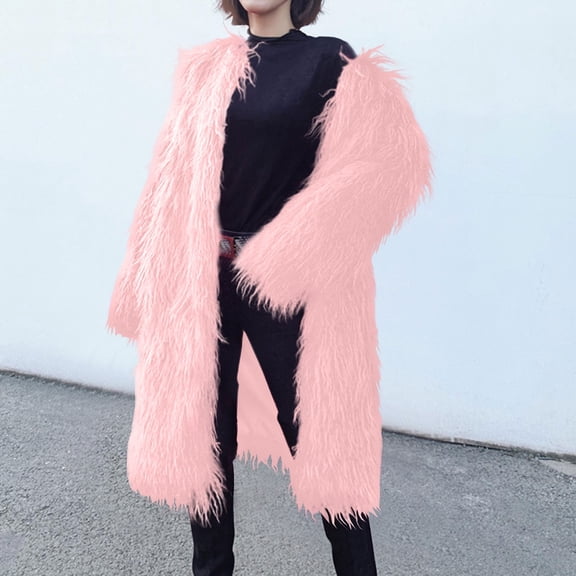 Y-Sunset Winter Jackets for Women Faux Fur Coat with Solid V-neck,Holiday,Wedding,Party ,Christmas,L,Pink