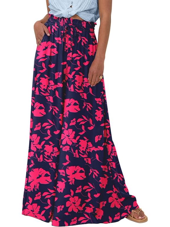 Women Casual High Waist Wide Leg Pants Spring Summer Long Palazzo Pants Pocket Lounge Beach Vacation Clothes,XL,Navy Rose Red Flower