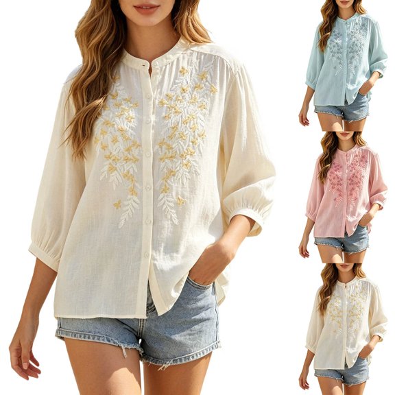 Y-Sunset Women Floral Embroidered Cotton Linen Blouse, Mandarin Collar 3/4 Puff Sleeve Button Down Shirt, Summer Boho Casual Going Out Top(Beige/L)