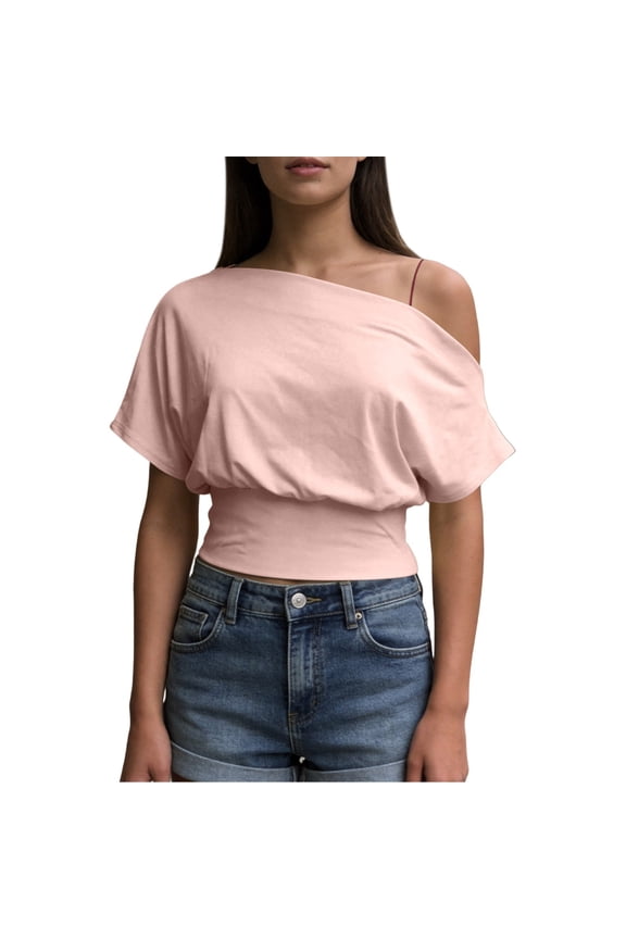 Women Off Shoulder Crop Top, Asymmetrical Dolman Short Sleeve Solid Casual Blouse, Summer Going Out Daily Clubwear Shirt(Red/L)