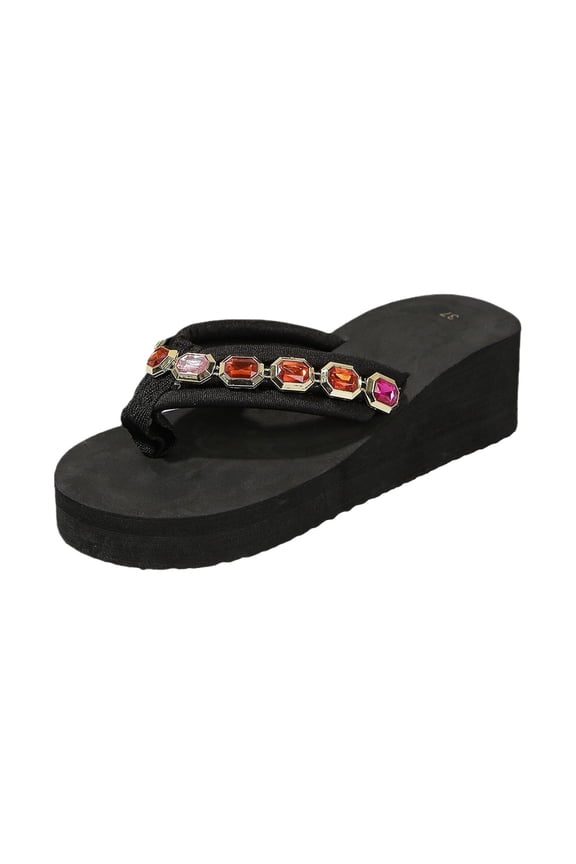 Women'S Eva Rhinestone Wedge Flip Flops Fashion Comfortable Summer Flatform Light Boho Thong Beach Sandals For Outdoor Activities Walks 6&Black#01