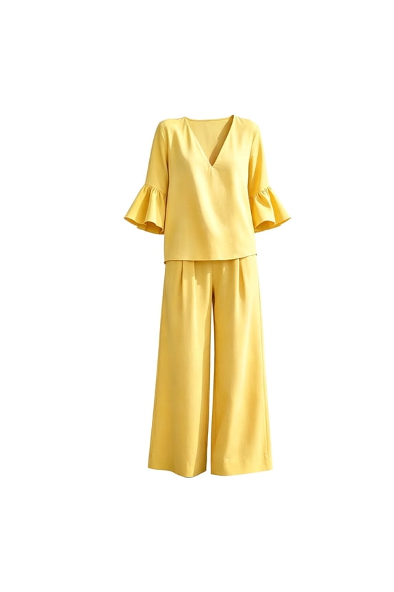 Women's 2 Piece Bell Sleeve Outfit Set, V-Neck Ruffle Top + High Waist Wide Leg Pants, Casual Summer Sets for Vacation, Brunch & Daily Wear(Yellow/XXXL)