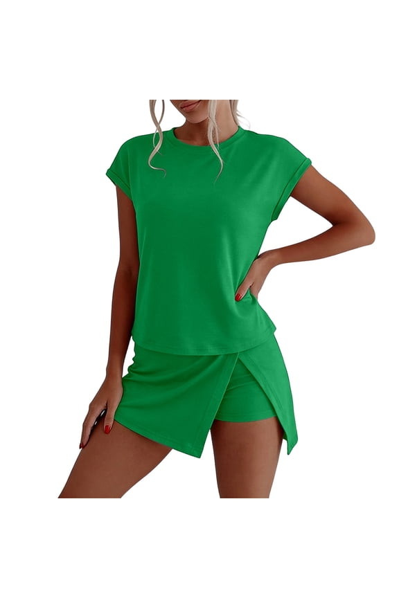 Women's 2 Piece Lounge Set - Casual Sleeveless Cotton Tank Top with Matching Split Athletic Skirt with Shorts Underneath for Summer(Green/S)