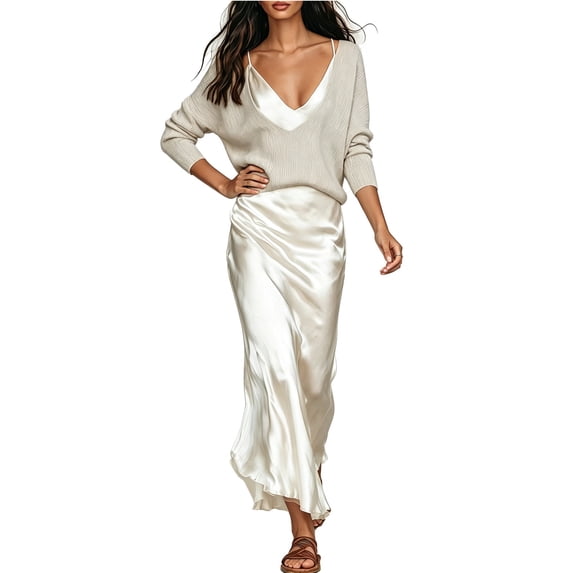 Y-Sunset Women's 2 Piece Outfit - V Neck Knit Sweater + Satin Maxi Dress Set, Fall Casual Elegant Dresses for Wedding Guest, Brunch, Office, Everyday Wear(Beige/L)