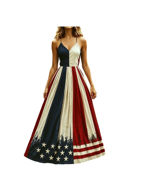 Women's 4th of July Patriotic Floral Maxi Dress, American Flag & Rose Print Spaghetti Strap Long Dress, Casual Sleeveless Independence Day Sundress for Summer(Dark Blue/S)